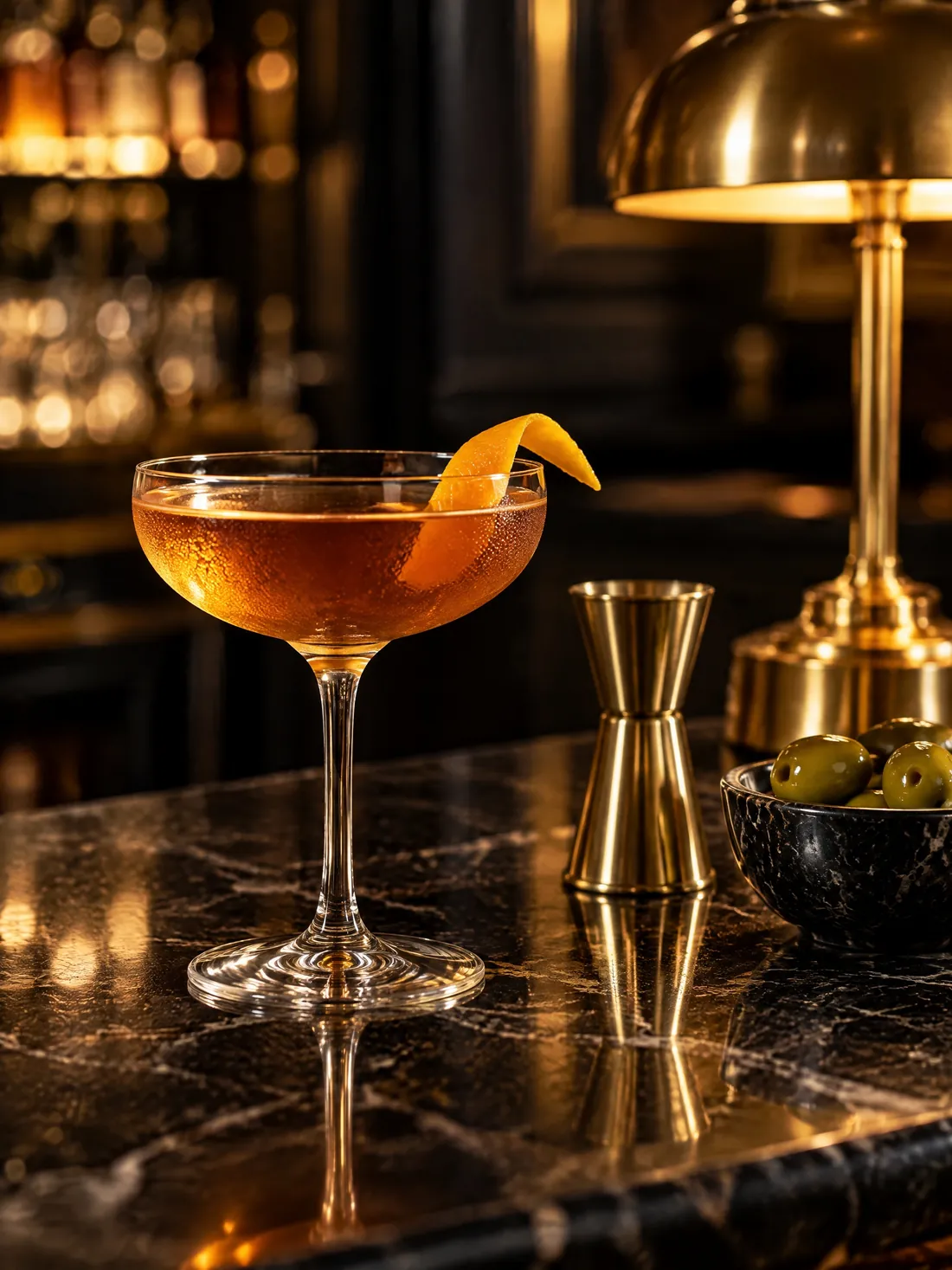 Un cocktail ambré dans une coupe, zeste d'orange, posé sur le marbre du bar