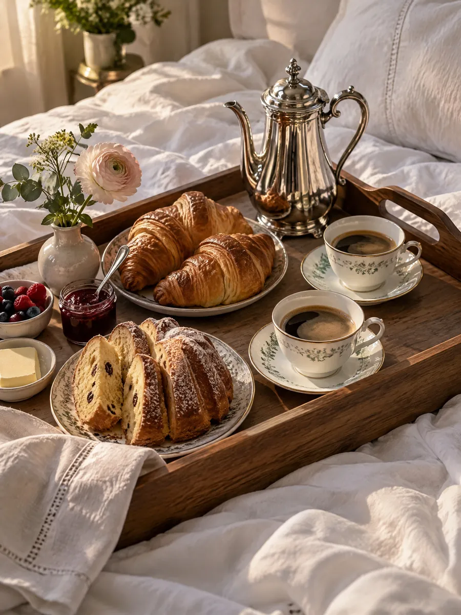 Un plateau de petit-déjeuner posé sur le lit : cafetière d'argent, croissants, kougelhopf