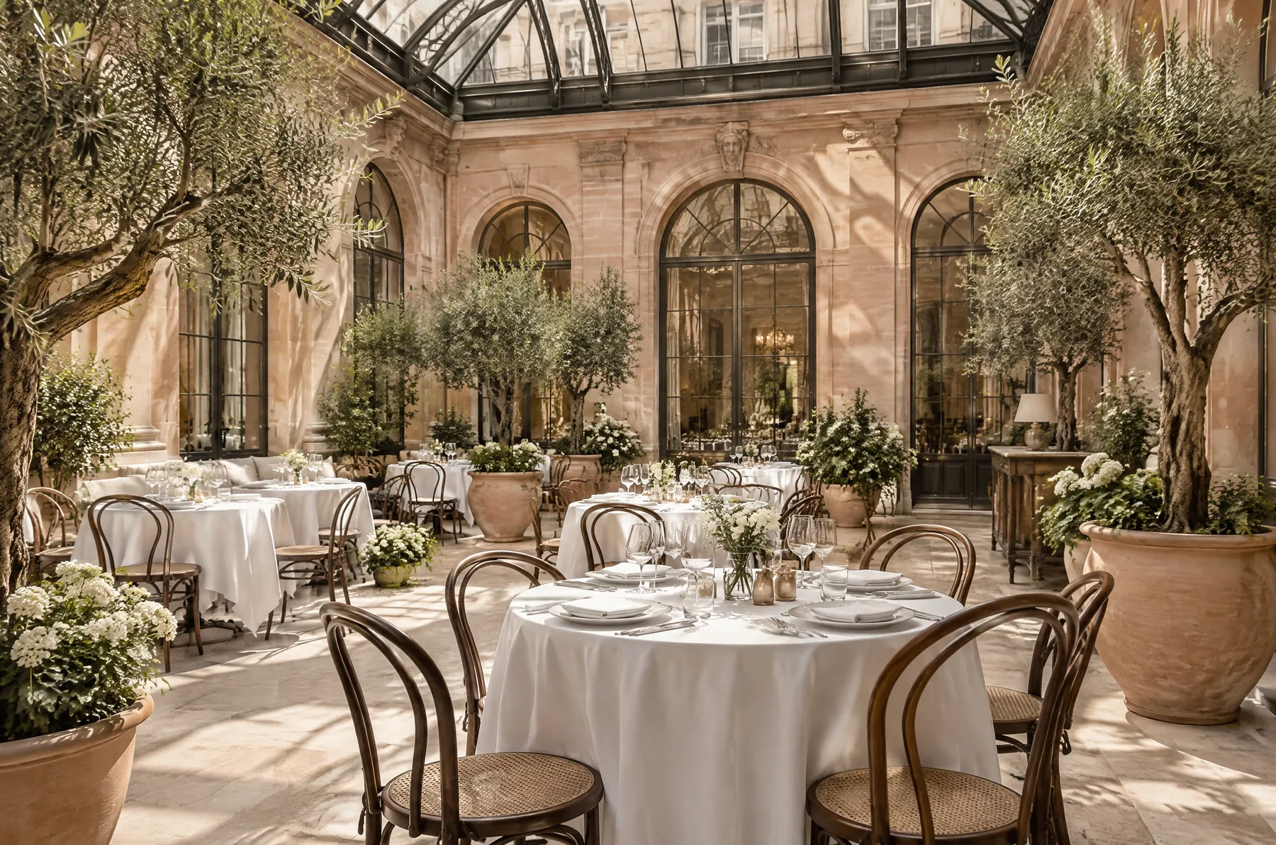 La salle du restaurant dans la cour couverte d'une verrière, tables nappées de blanc et oliviers